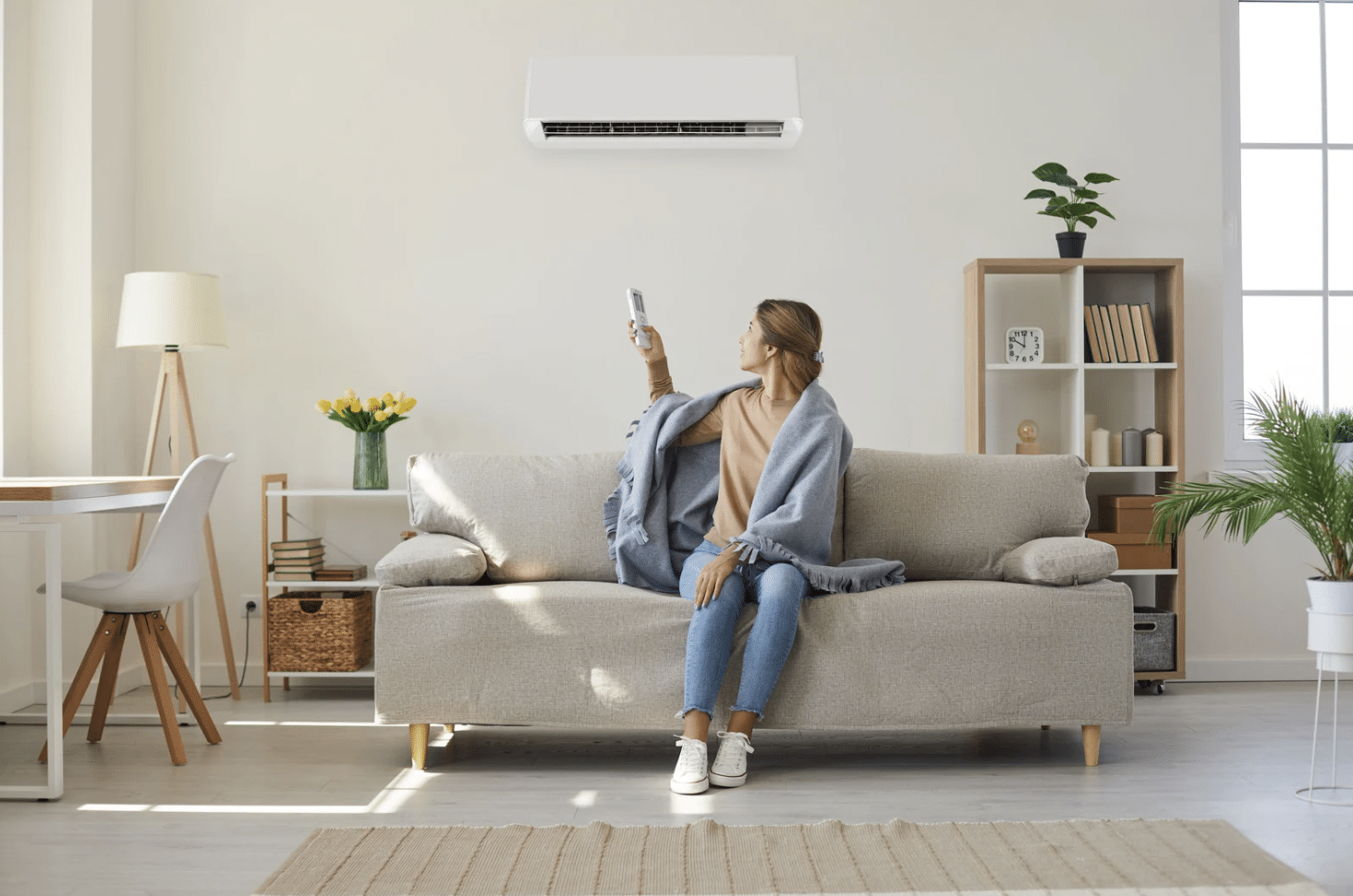 woman enjoying cool air from her air conditioner on the wall